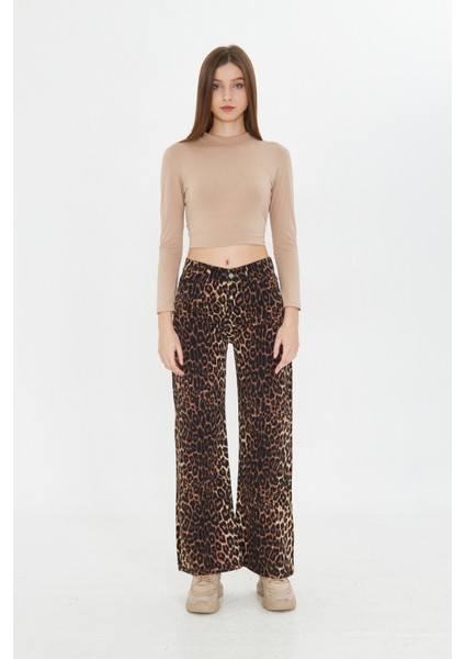 Kadın Leopar Desenli Yüksel Bel Geniş Paça Palazzo Pantolon modelleri