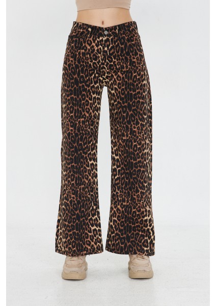 Kadın Leopar Desenli Yüksel Bel Geniş Paça Palazzo Pantolon fırsatları