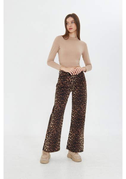 Kadın Leopar Desenli Yüksel Bel Geniş Paça Palazzo Pantolon indirimleri