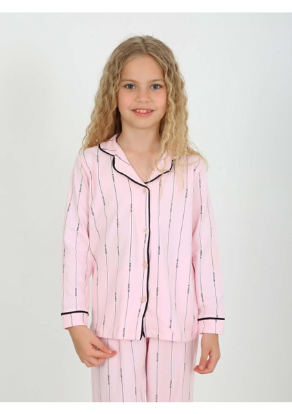 Kız Çocuk Uzun Kollu Düğmeli, Pijama Takımı Stay Focused Pembe