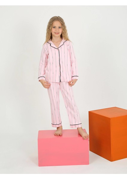 Kız Çocuk Uzun Kollu Düğmeli, Pijama Takımı Stay Focused Pembe