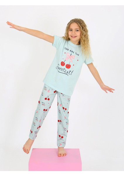 Kız Çocuk Kısa Kollu %100 Pamuklu Pijama Takımı Cherry