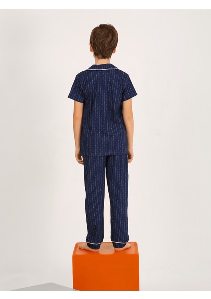 Erkek Çocuk Kısa Kollu Düğmeli %100 Pamuklu Pijama Takımı Beta