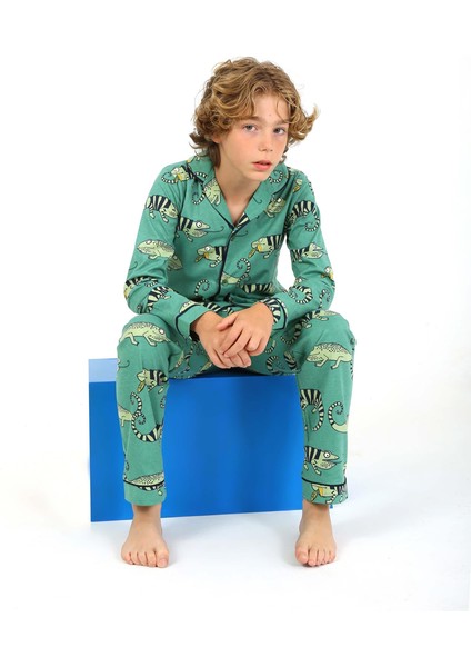 Erkek Çocuk Pijama Takımı Düğmeli Tropikal Desen Uzun Kollu