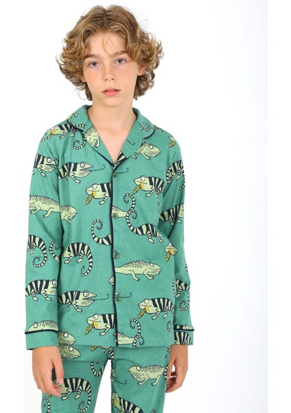 Erkek Çocuk Pijama Takımı Düğmeli Tropikal Desen Uzun Kollu modelleri