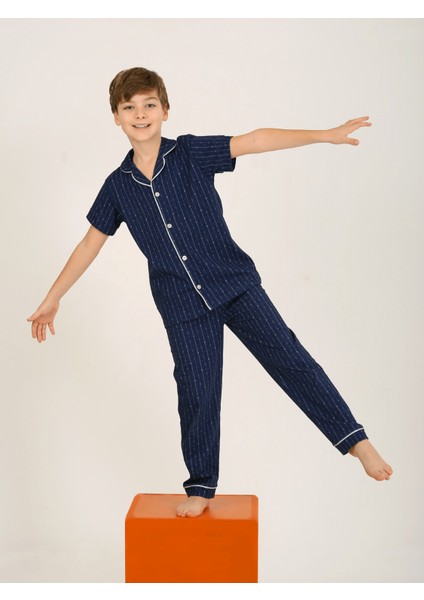 Erkek Çocuk Kısa Kollu Düğmeli %100 Pamuklu Pijama Takımı Beta