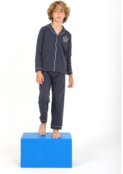 Erkek Çocuk Uzun Kollu Pijama Takımı Düğmeli Düz Vip Antrasit