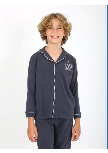 Erkek Çocuk Uzun Kollu Pijama Takımı Düğmeli Düz Vip Antrasit modelleri