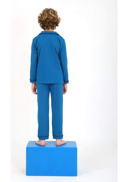 Erkek Çocuk Uzun Kollu Düğmeli Pijama Takımı Düz Vip Lacivert modelleri