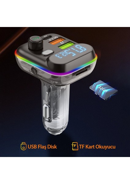 Bluetooth Usb3.0 ve Type C Pd Hızlı Şarj Fm Transmitter