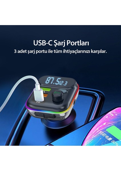 Bluetooth Usb3.0 ve Type C Pd Hızlı Şarj Fm Transmitter