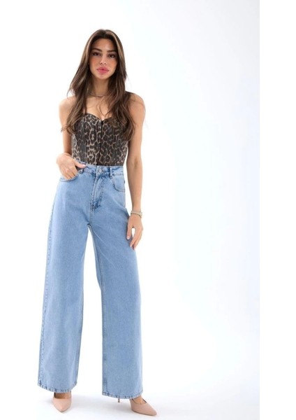 Kadın Yüksel Bel Bol Paça Açık Denim Pantolon