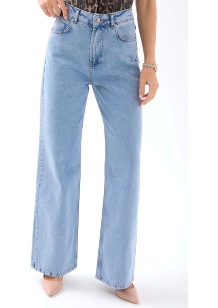 Kadın Yüksel Bel Bol Paça Açık Denim Pantolon