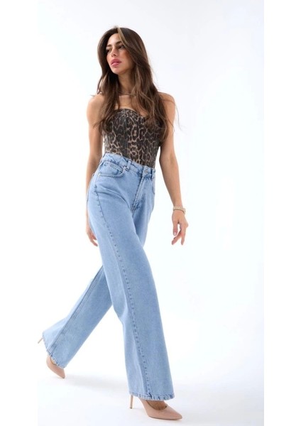 Kadın Yüksel Bel Bol Paça Açık Denim Pantolon