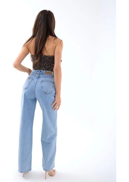 Kadın Yüksel Bel Bol Paça Açık Denim Pantolon