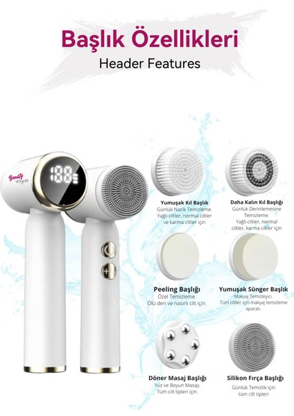 6 Başlık 3 Aşamalı LED Şarjlı Ekranlı Peeling Yüz Masaj Cilt Bakım Cihazı Aleti Frimatör Brush