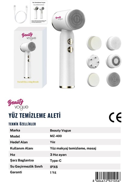 6 Başlık 3 Aşamalı LED Şarjlı Ekranlı Peeling Yüz Masaj Cilt Bakım Cihazı Aleti Frimatör Brush