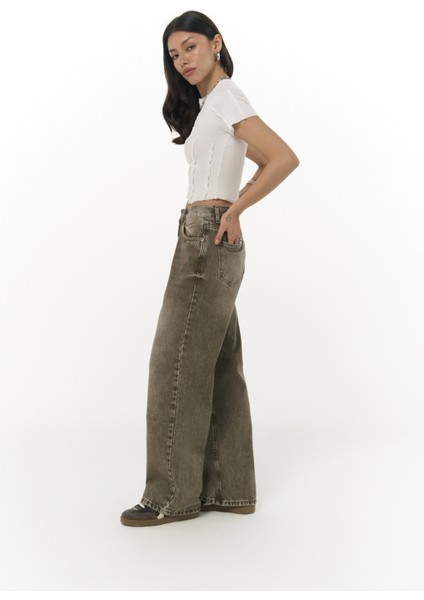 Volme Yıkamalı Yeşil Jean Pantolon