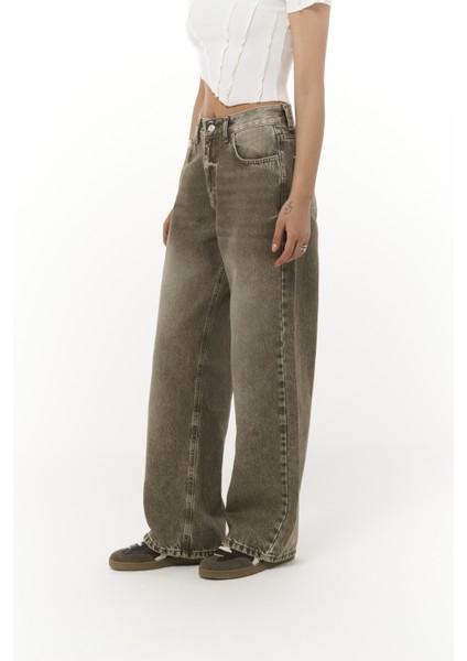 Volme Yıkamalı Yeşil Jean Pantolon