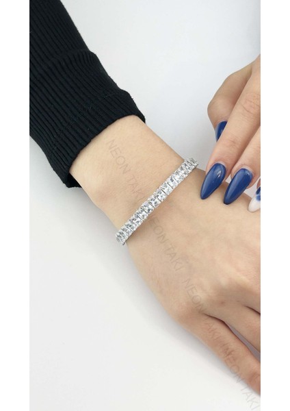 , Duyarlılık Etiketi ve Zirkon Taşlı, Paslanmaz Çelik Choker Kelepçe Bileklik 126, Gümüş Renk