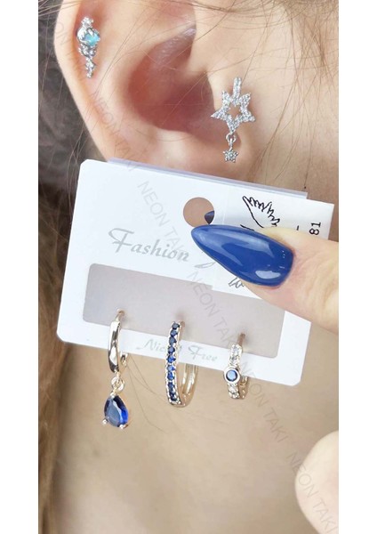 Duyarlılık Etiketi ve Çoklu Küpe, Zirkon Taşlı, Mavi Mini Taşlı Küpe 581, Altın Renk