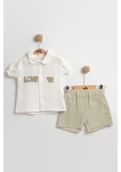 Süzene Nakışlı Müslin Şortlu Kız Bebek Takımı %100 Pamuk (9-12-18 Ay)