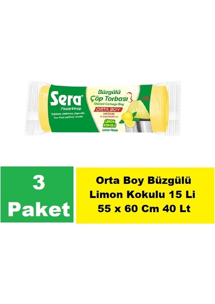 Çöp Torbası Büzgülü Limon Kokulu Orta Boy 15 Li 55 x 60 cm x 3 Paket