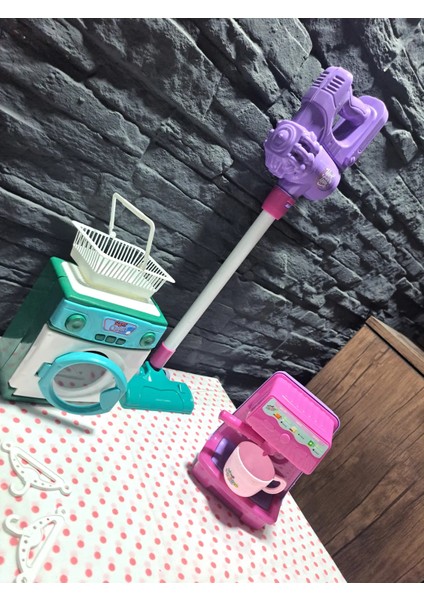 Oyuncak Evcilik ve Mutfak Seti Çamaşır Makinası Kahve Makinası Uzun Süpürge 3 Lü Set