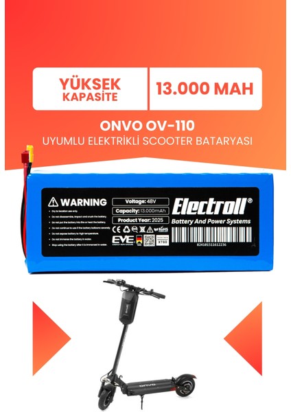 Onvo Ov-110 Batarya (Yüksek Kapasite) Batarya 48v 13ah Pil Elektrikli Scooter Bataryası