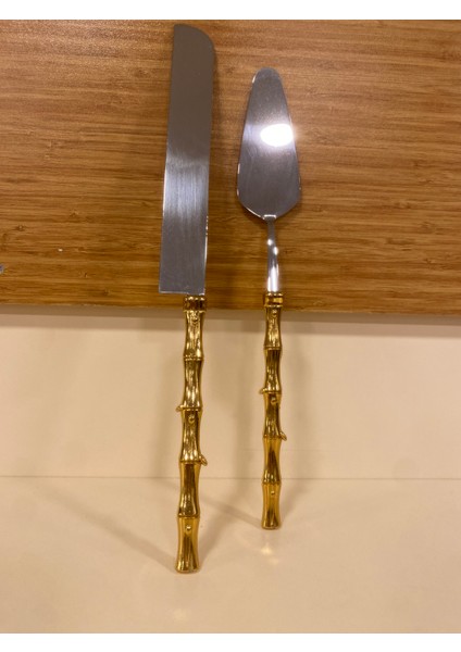 Spatula Bıçak Servis 2'li Pirinç Altın Bambu Model