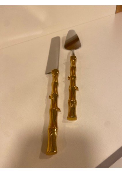 Spatula Bıçak Servis 2'li Pirinç Altın Bambu Model