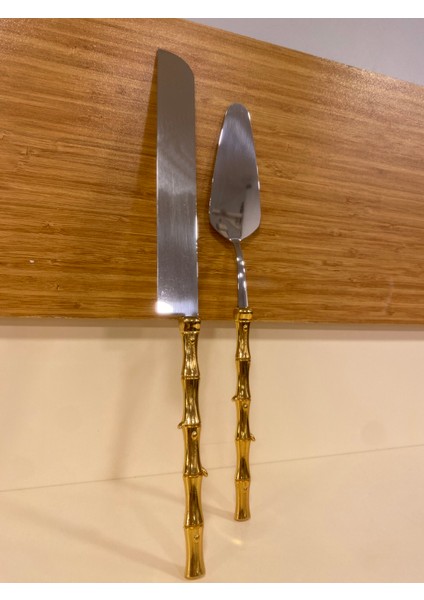 Spatula Bıçak Servis 2'li Pirinç Altın Bambu Model