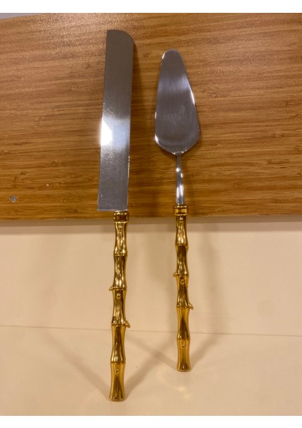 Spatula Bıçak Servis 2'li Pirinç Altın Bambu Model