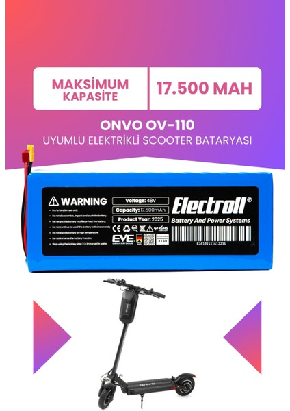 Onvo Ov-110 Batarya (Maksimum Kapasite) Batarya 48v 17.5ah Pil Elektrikli Scooter Bataryası