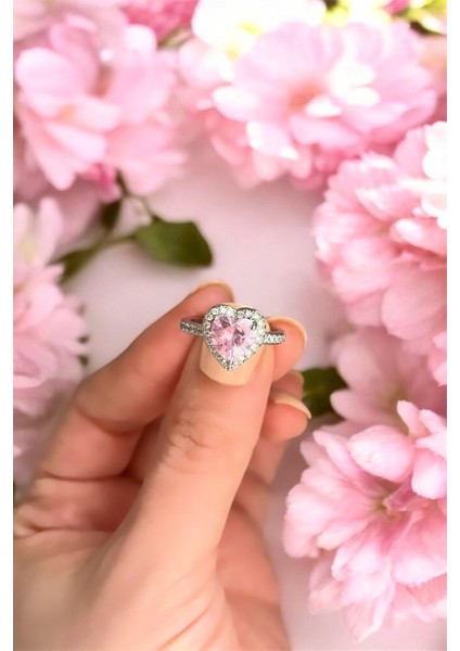 Pembe Taşlı Kalp Yüzük
