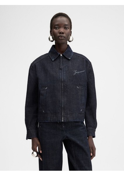 Kadın Oversized Koyu Lacivert Denim Ceket Zipper Kapatma ve Üst Kalite Pamuk