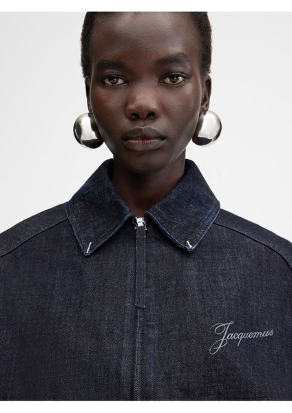 Kadın Oversized Koyu Lacivert Denim Ceket Zipper Kapatma ve Üst Kalite Pamuk