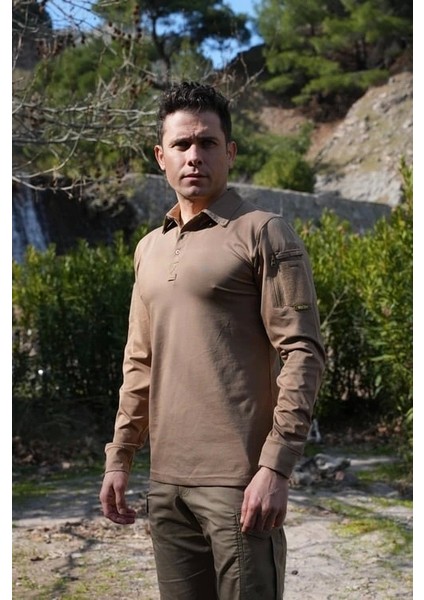 Polo Yaka 2 Cepli Uzun Kollu Taktik T-Shirt Bej
