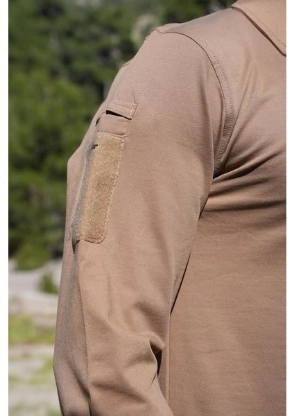 Polo Yaka 2 Cepli Uzun Kollu Taktik T-Shirt Bej
