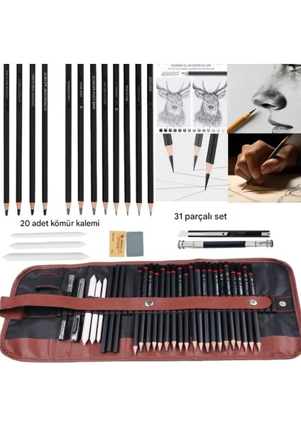 Kara Kalem Çizim Seti, Eskiz Kalem Seti, Dereceli Kalem Set, Tonlama-Rulo KALEMLIKLI-31PARÇA