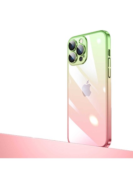 Apple iPhone 12 Pro Uyumlu Parlak Renk Geçişli Kamera Korumalı Rntc Senkron Kapak-Pembe-Yeşil