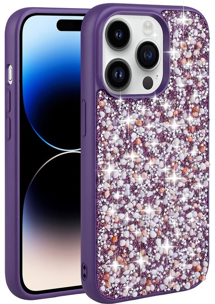 Apple iPhone 14 Pro Uyumlu Parlak Taşlı Tasarım Rntc Linea Kapak-Derin Mor