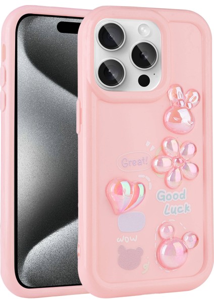 Apple iPhone 14 Pro Max Kılıf Kabartma Figürlü Parlak Rntc Toys Silikon Kapak-Pembe
