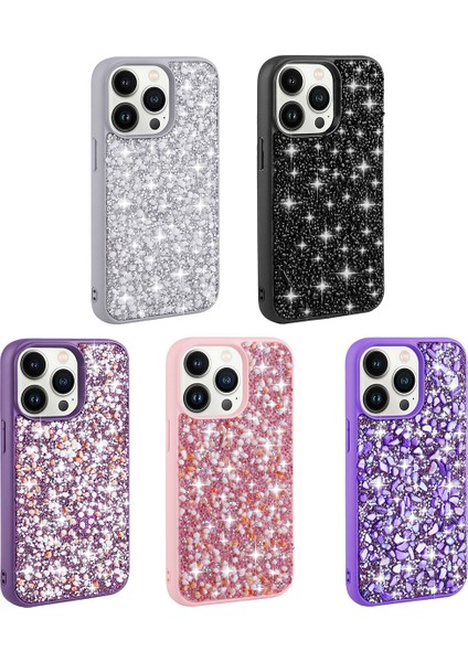 Apple iPhone 13 Pro Max Uyumlu Parlak Taşlı Tasarım Rntc Linea Kapak-Pembe