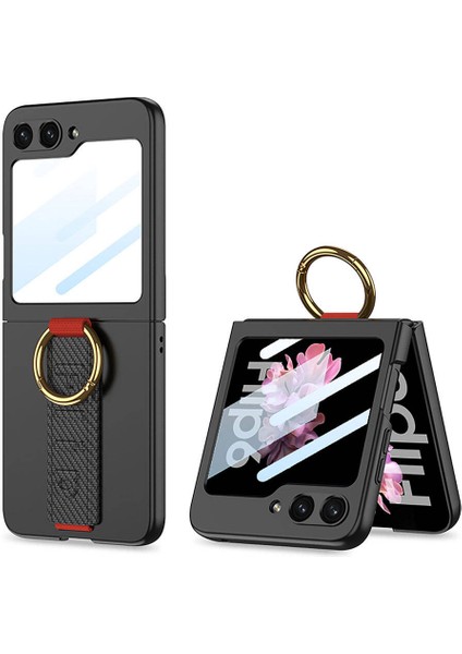 Samsung Galaxy Z Flip 6 Kılıf Kamera Korumalı Yüzüklü Karbon Tasarımlı Rntc Flip Ring Kıpta Kapak-Siyah