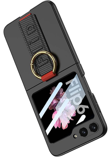 Samsung Galaxy Z Flip 6 Kılıf Kamera Korumalı Yüzüklü Karbon Tasarımlı Rntc Flip Ring Kıpta Kapak-Siyah