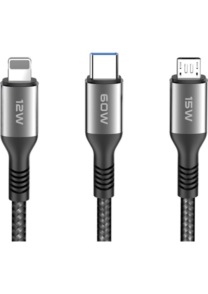 Konfulon DC62 3in1 Type-C To 60W Type-C / 12W Lightning / 15W Micro 1.2m Hızlı Şarj Kablo - Siyah Zngzr