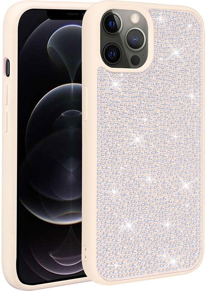 Apple iPhone 12 Pro Max Uyumlu Parlak Taşlı Tasarım Rntc Ston Kapak-Beyaz