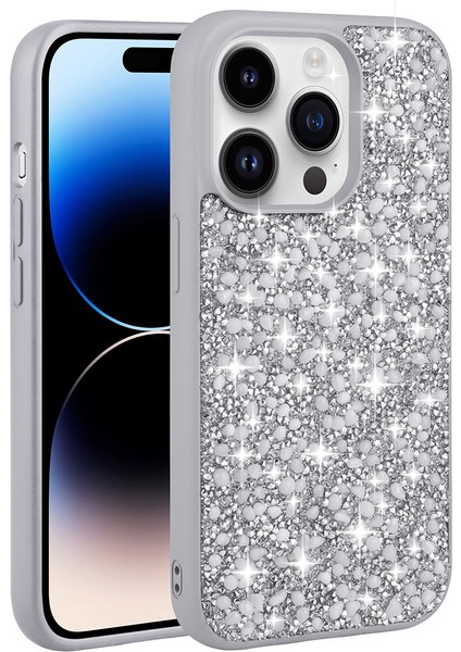 Apple iPhone 14 Pro Uyumlu Parlak Taşlı Tasarım Rntc Linea Kapak-Gümüş