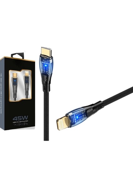 45w usb-c lightning ışıklı şeffaf kablo hızlı şarj, tasarım, ıphone ve ıpad uyumlu ( lisinya )